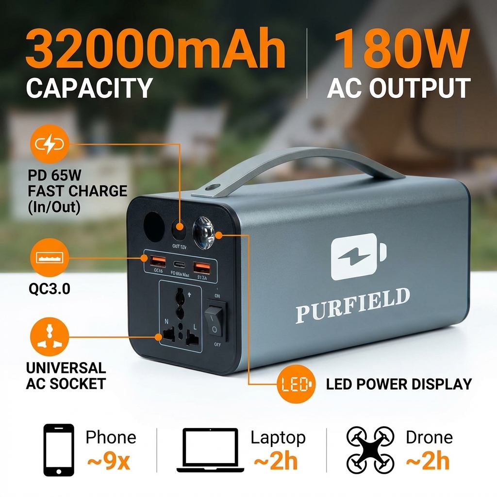 Outdoor Camping House - 180W Outdoor Power Station 32000mAh 118.4Wh