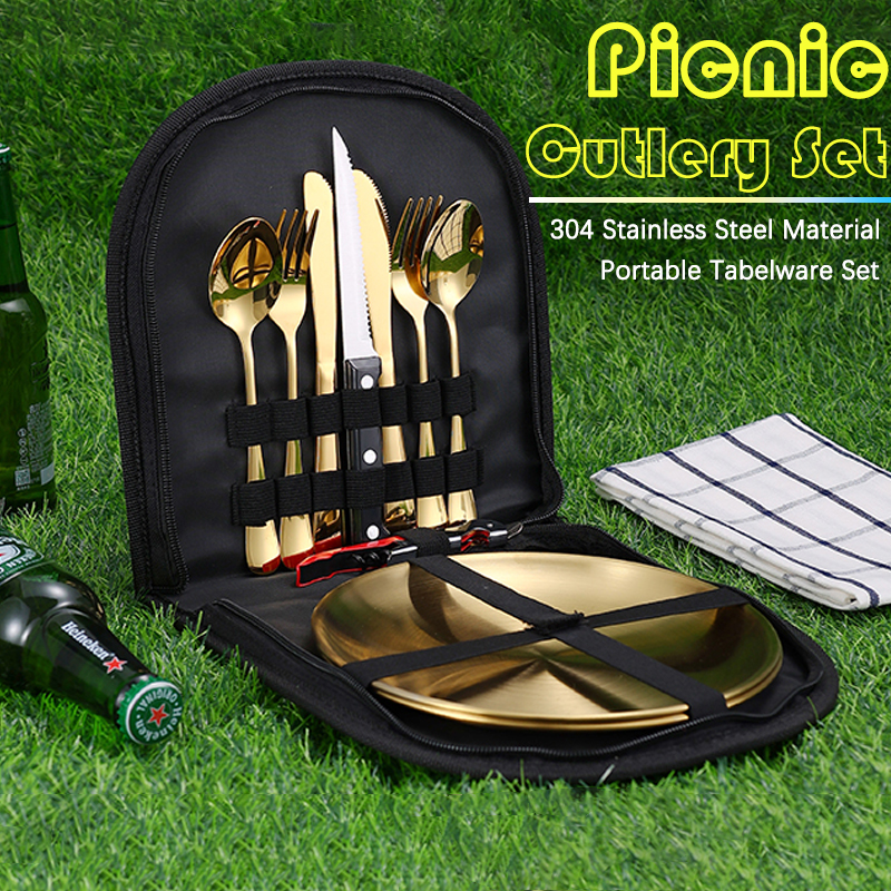 Outdoor Camping Dining Set - 10Pcs Camping Tableware Set 304 Stainless